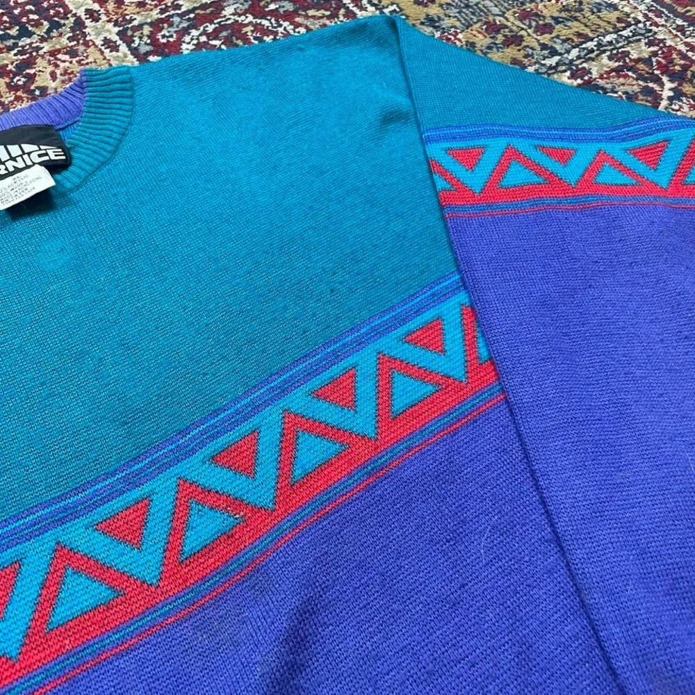 VTG 80s Cornice Aztec striped aqua heavyweight knit‎ pattern sweater XL acrylic